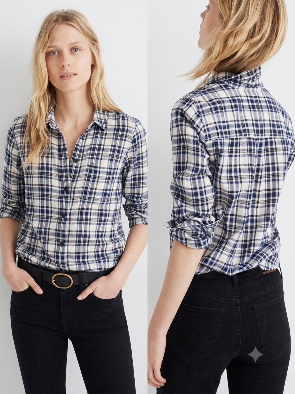 Madewell Ex-Boyfriend Flannel Shirt in Blue and Cream Plaid Cotton Women’s L